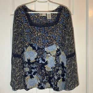 Peasant Blouse Fluttery Statement Sleeves Blue Floral Bohemian Size 18W/20W